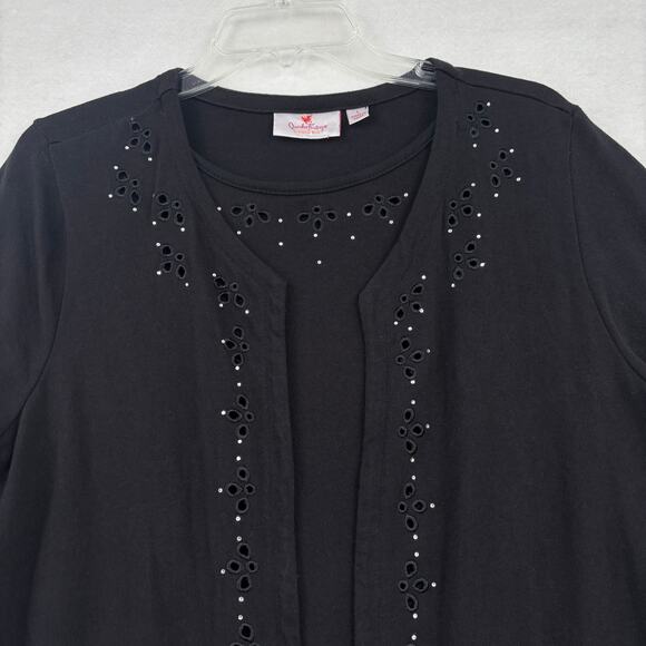 Quacker Factory Duet Knit Top Size L Black Eyelet Rhinestone 3/4 Sleeve Cotton - Picture 2 of 10